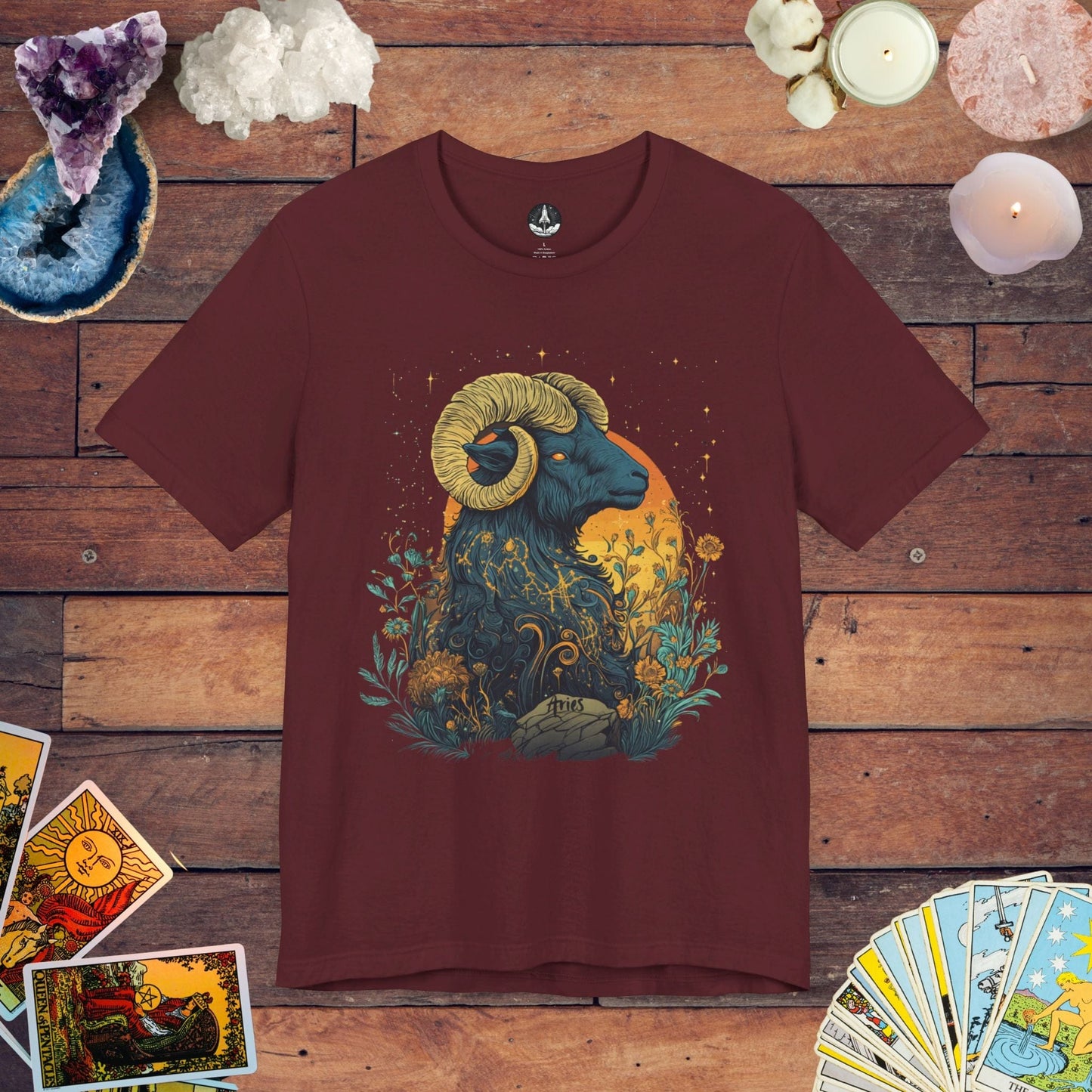 T-Shirt Maroon / S Aries Celestial Bloom Tarot Card T-Shirt