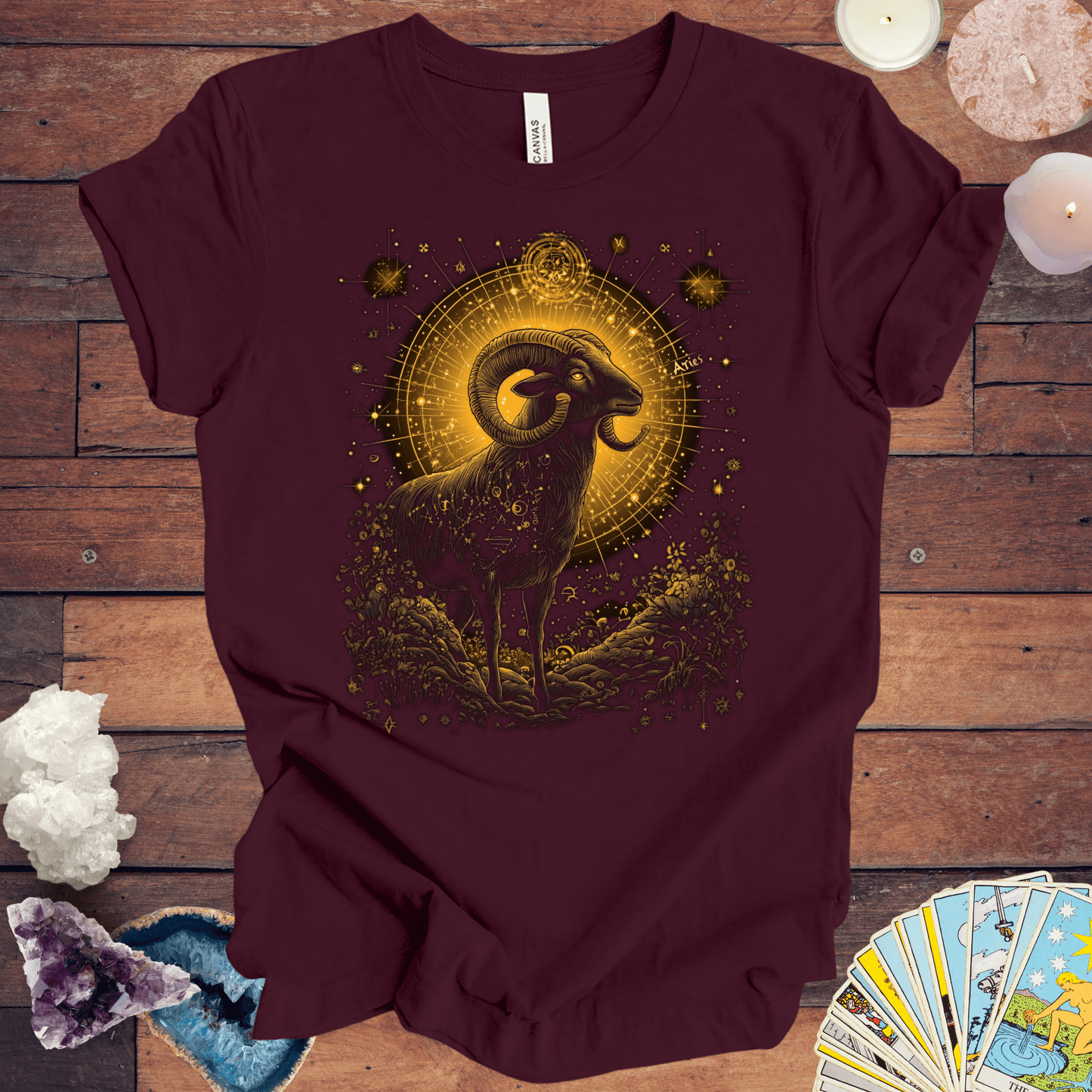 T-Shirt Maroon / S Aries Celestial Guardian Tarot Card T-Shirt