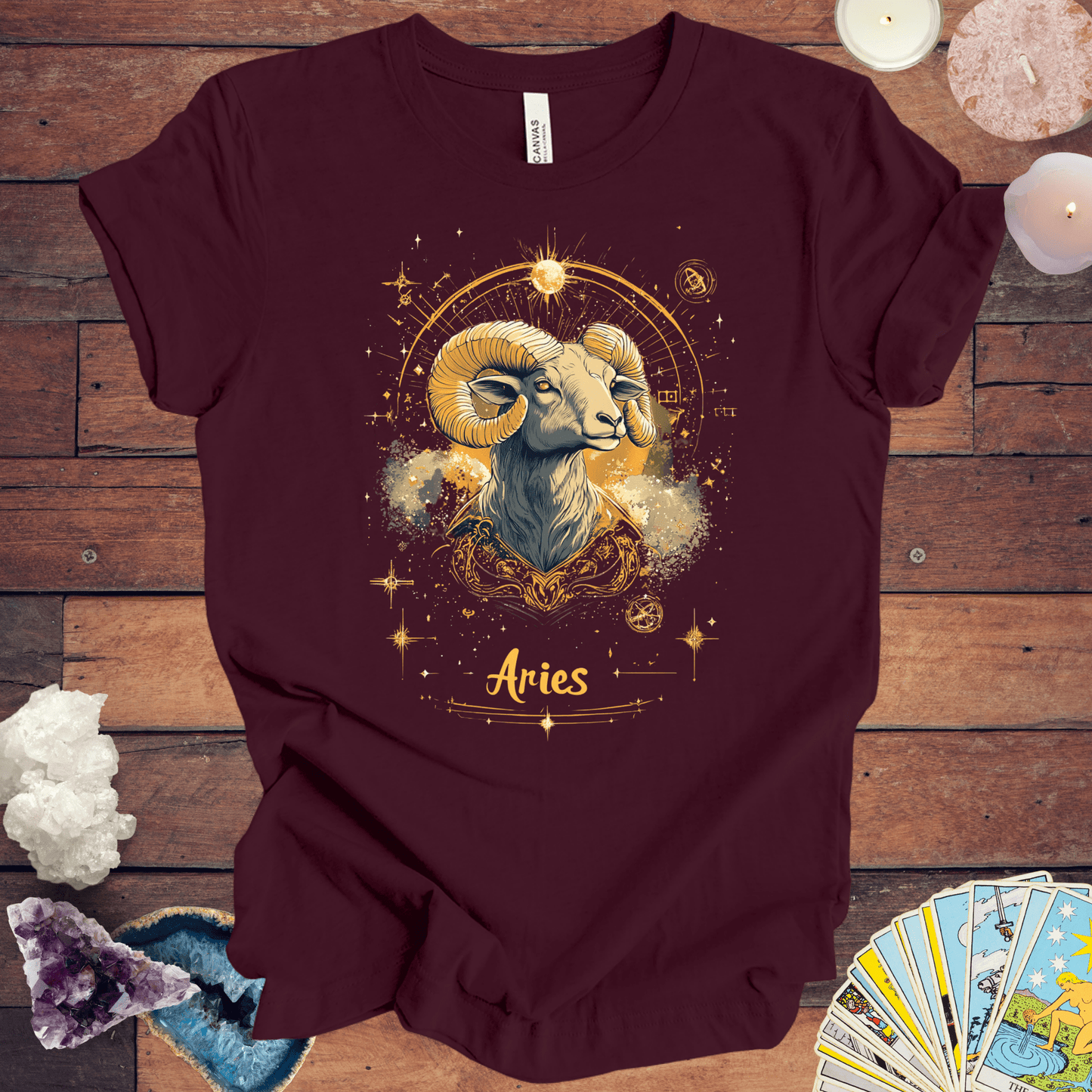 T-Shirt Maroon / S Aries Golden Constellation Tarot Card T-Shirt