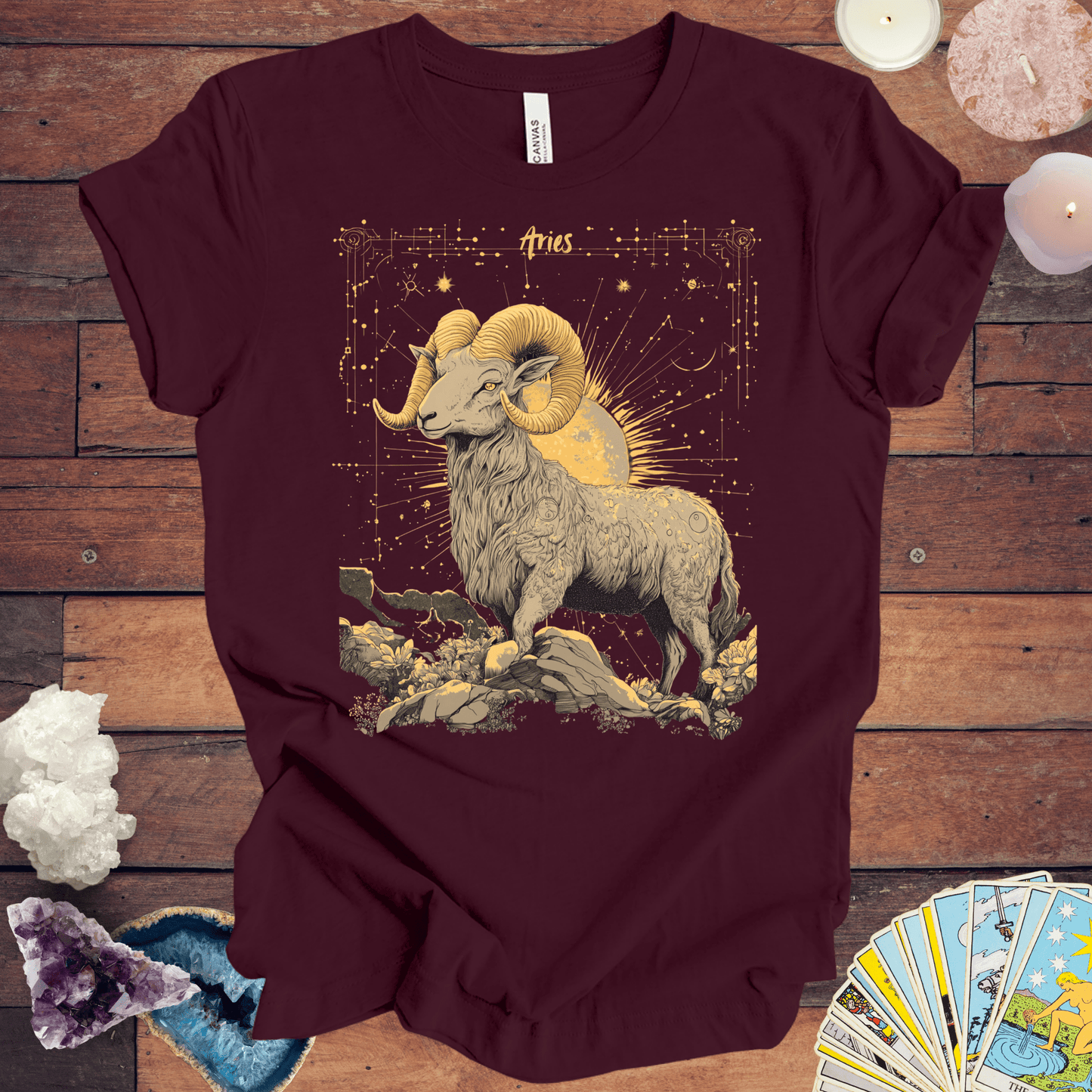 T-Shirt Maroon / S Aries Zodiac Sign Tarot Card T-Shirt - Majestic Ram Design