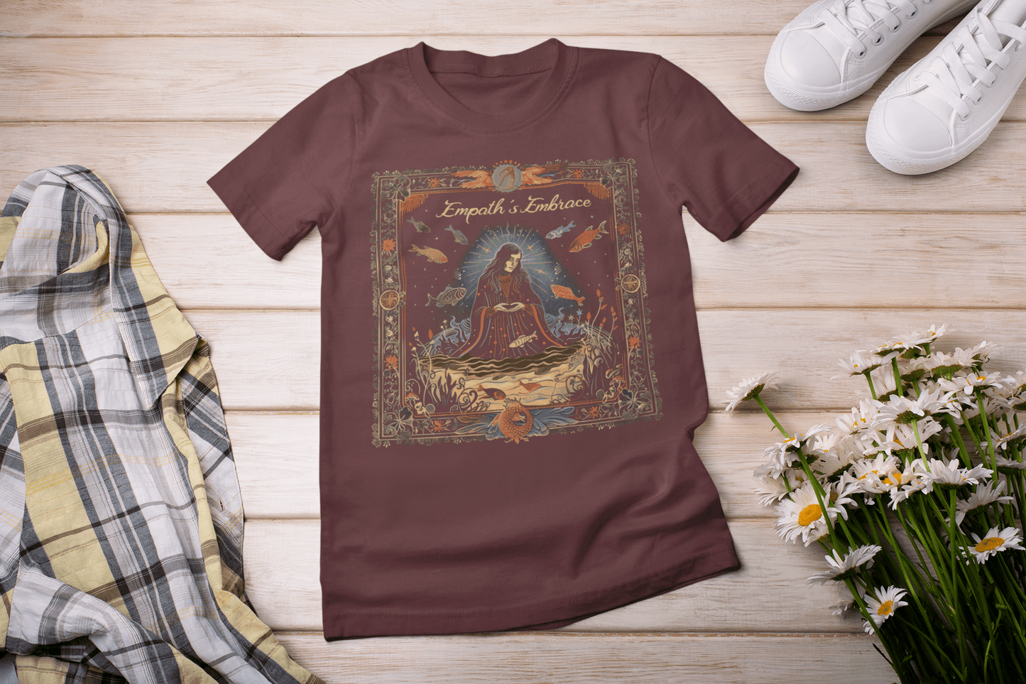 T-Shirt Maroon / S Empaths Embrace: Pisces Tarot Card T-Shirt