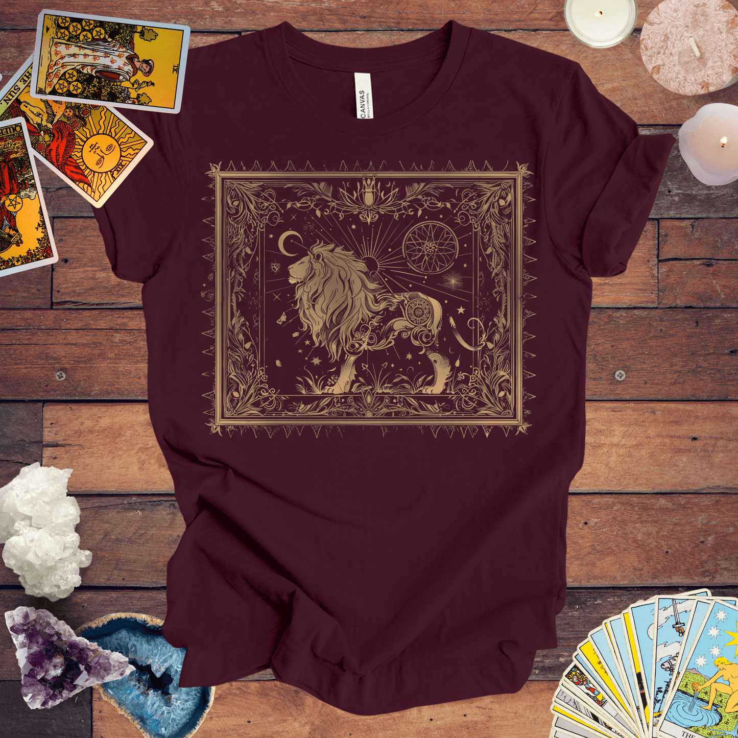 T-Shirt Maroon / S Lion's Radiance Leo Tarot Card T-Shirt