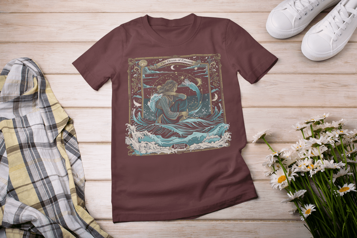 T-Shirt Maroon / S Ocean Emotion: Pisces Tarot Card T-Shirt