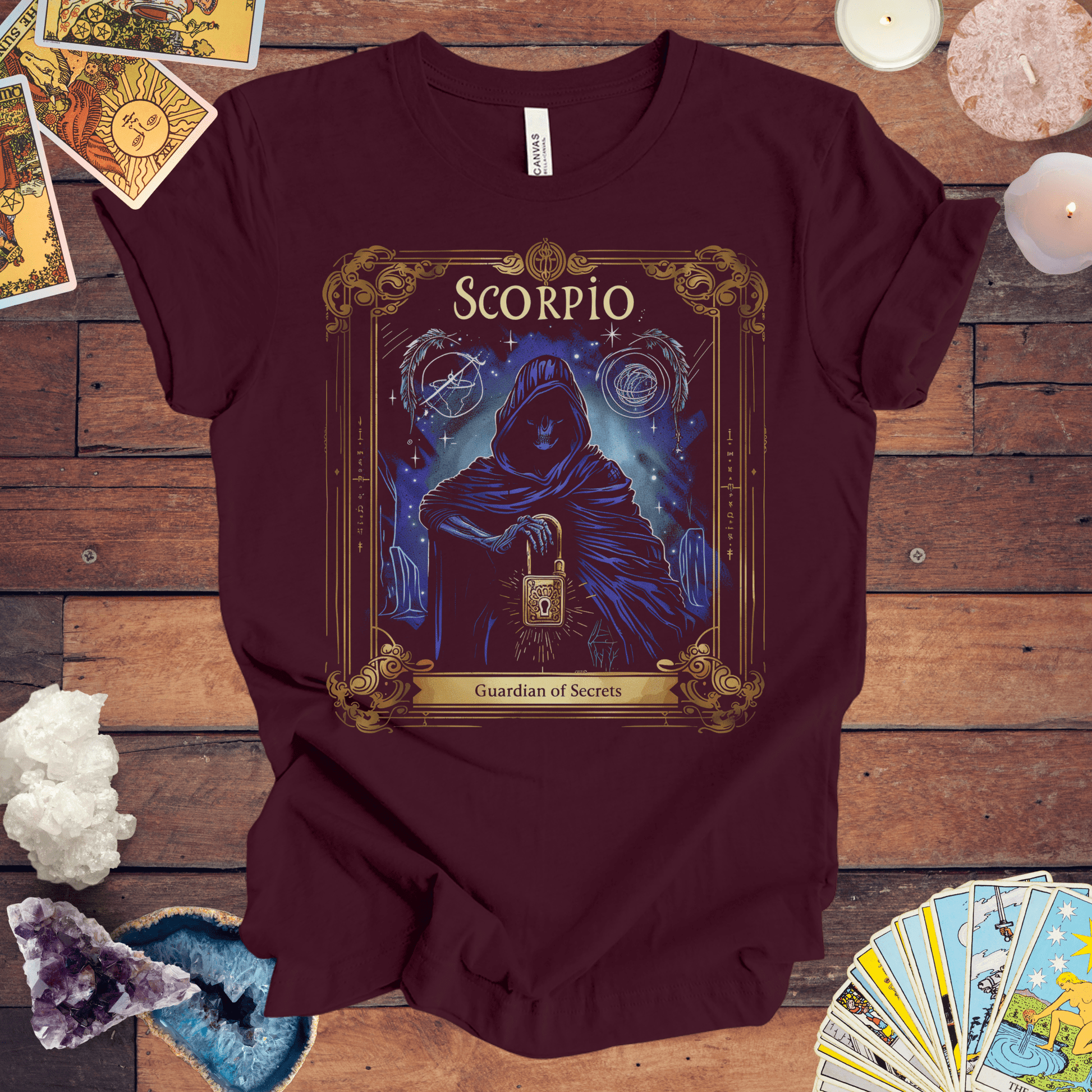 T-Shirt Maroon / S Scorpio: Guardian of Secrets - Scorpio Tarot Card T-Shirt