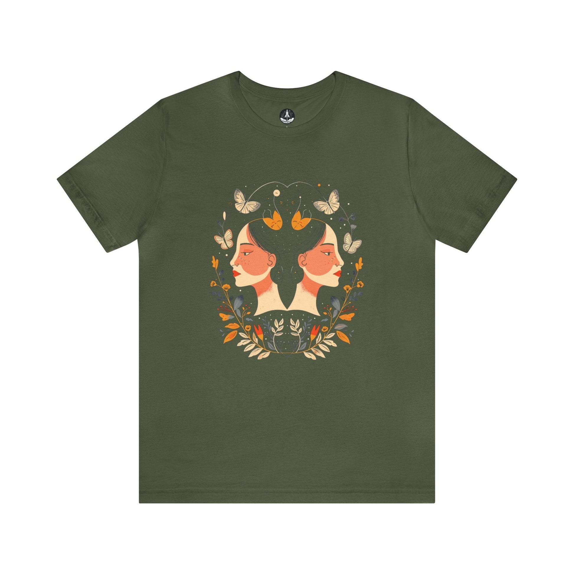 T-Shirt Military Green / S Gemini Cosmic Symmetry T-Shirt: A Harmony of Nature and Stars