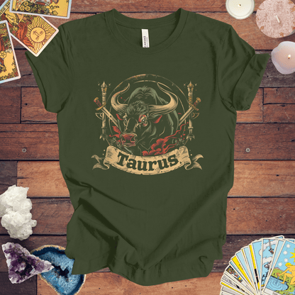 T-Shirt Military Green / S Taurus Warrior Crest T-Shirt: Bold Zodiac Statement