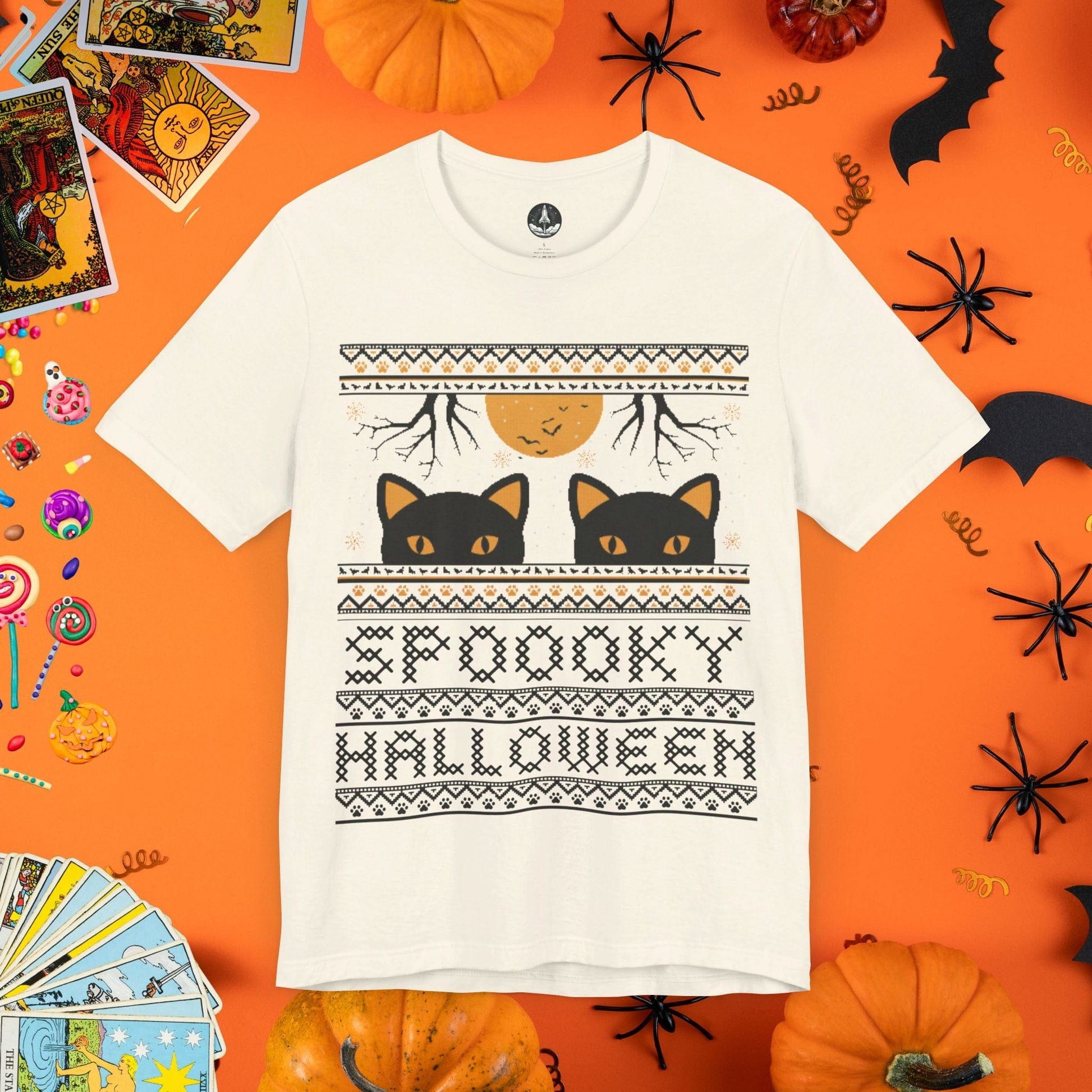 T-Shirt Natural / S Black Cat & Full Moon - Halloween Ugly Sweater T-Shirt - Halloween Limited Edition