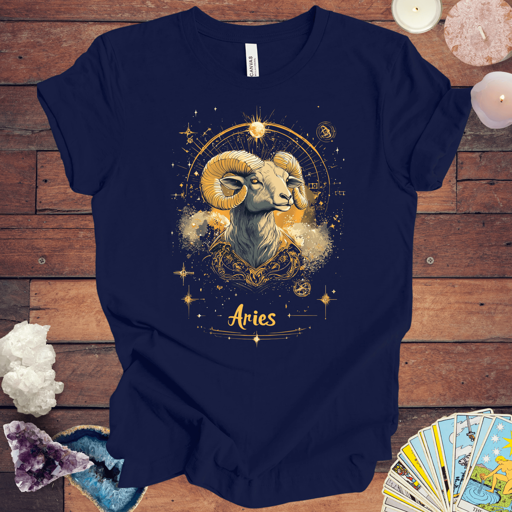 T-Shirt Navy / S Aries Golden Constellation Tarot Card T-Shirt