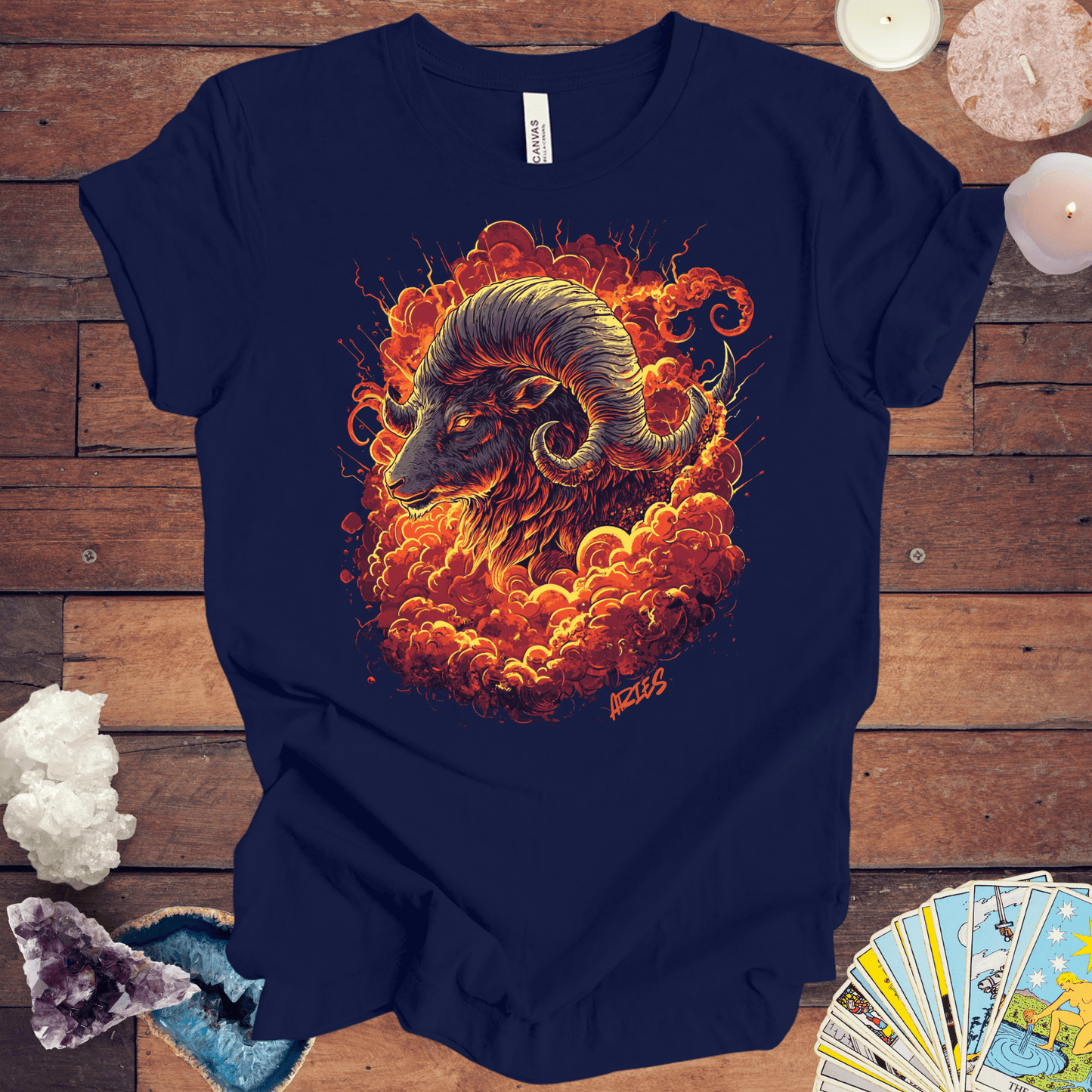 T-Shirt Navy / S Aries Inferno Charge Tarot Card T-Shirt