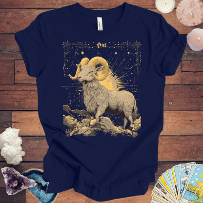 T-Shirt Navy / S Aries Zodiac Sign Tarot Card T-Shirt - Majestic Ram Design