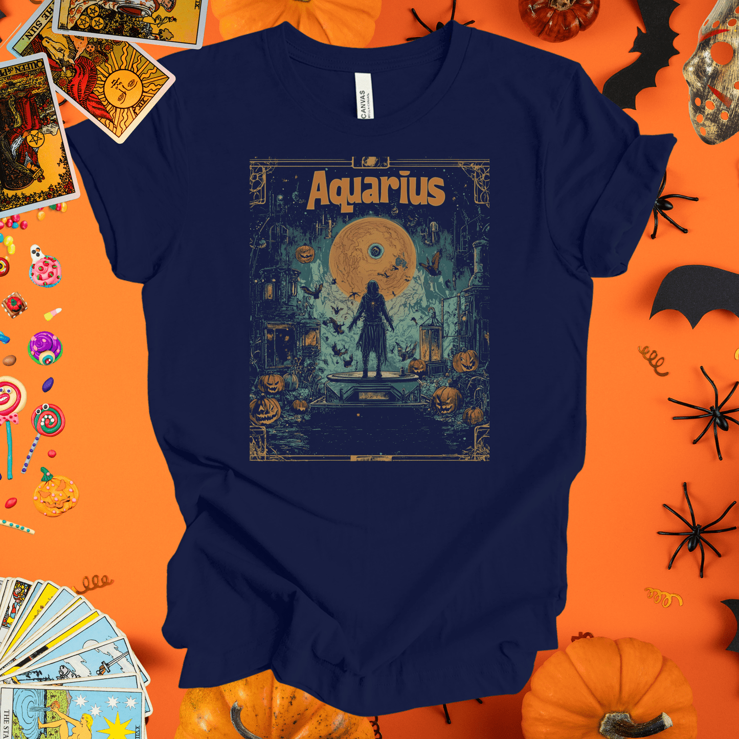 T-Shirt Navy / S Haunted Horizon  - Aquarius Tarot Card T-Shirt - Halloween Limited Edition