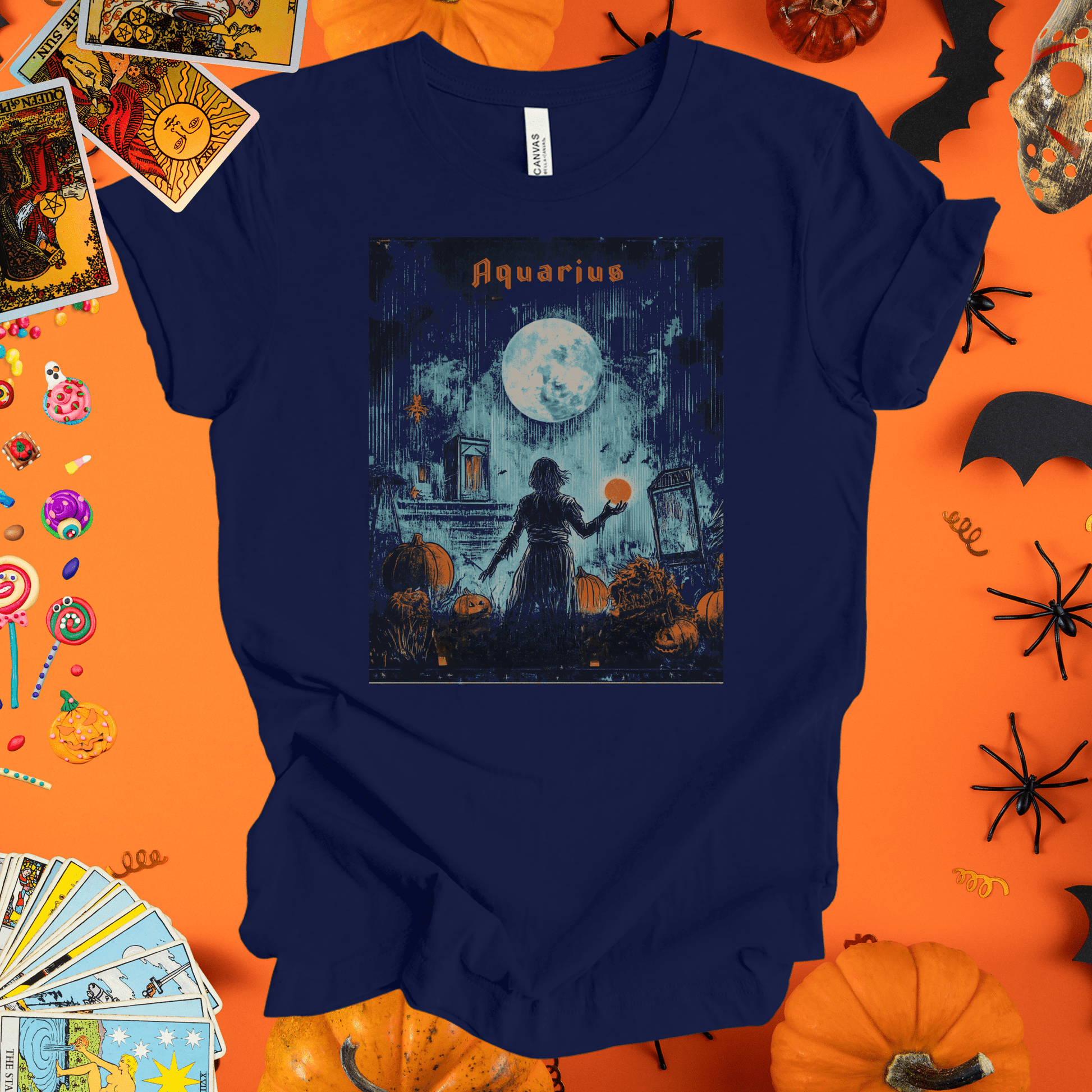 T-Shirt Navy / S Moonlit Sorcerer  - Aquarius Tarot Card T-Shirt - Halloween Limited Edition