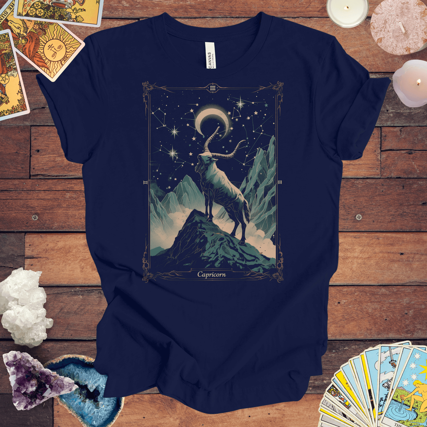 T-Shirt Navy / S The Steadfast Goat: Capricorn Tarot Card T-Shirt