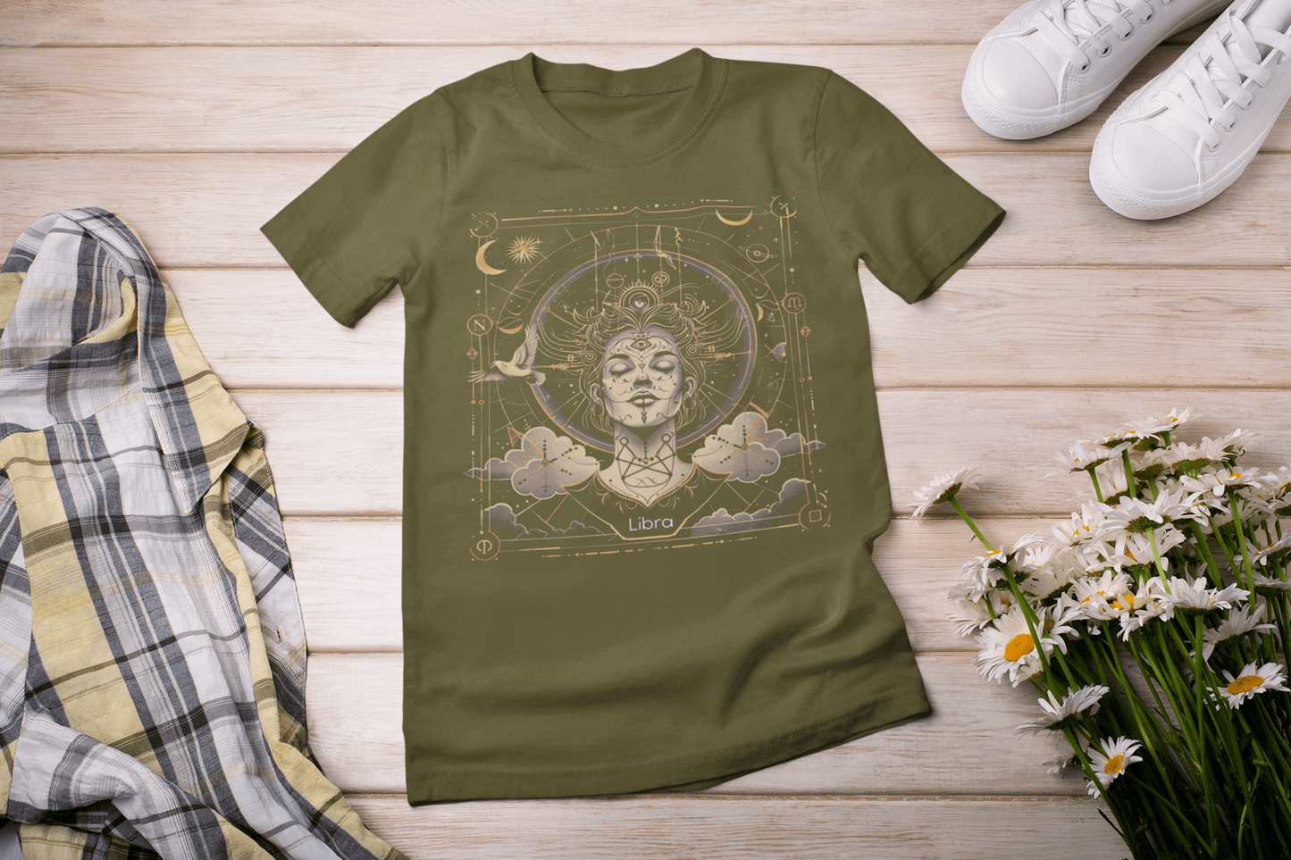 T-Shirt Olive / S Celestial Balance: Libra Tarot Card T-Shirt