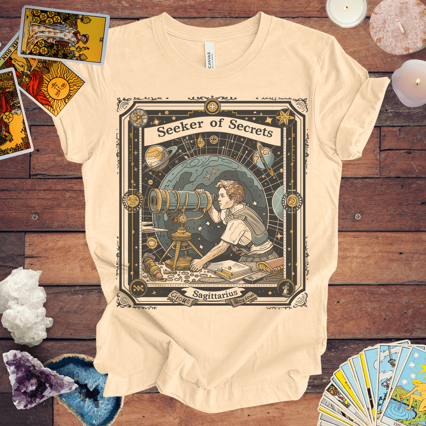 T-Shirt Soft Cream / S Seeker of Secrets: Sagittarius Tarot Card T-Shirt