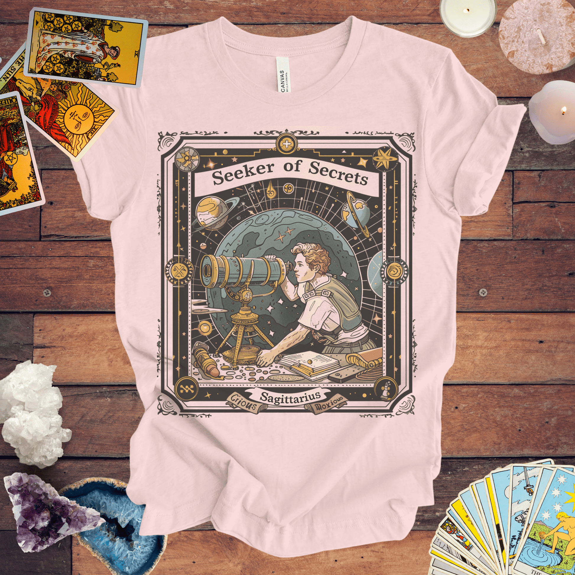 T-Shirt Soft Pink / S Seeker of Secrets: Sagittarius Tarot Card T-Shirt