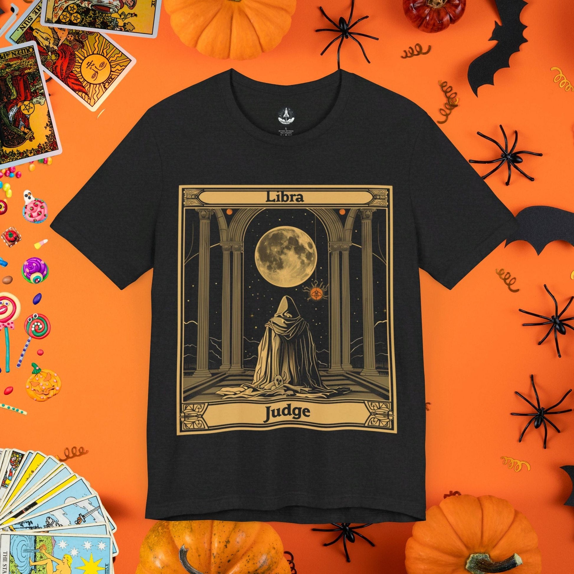 T-Shirt Solid Black Blend / S Libra Judge - Pillars of Justice Tarot Card T-Shirt - Halloween Limited Edition