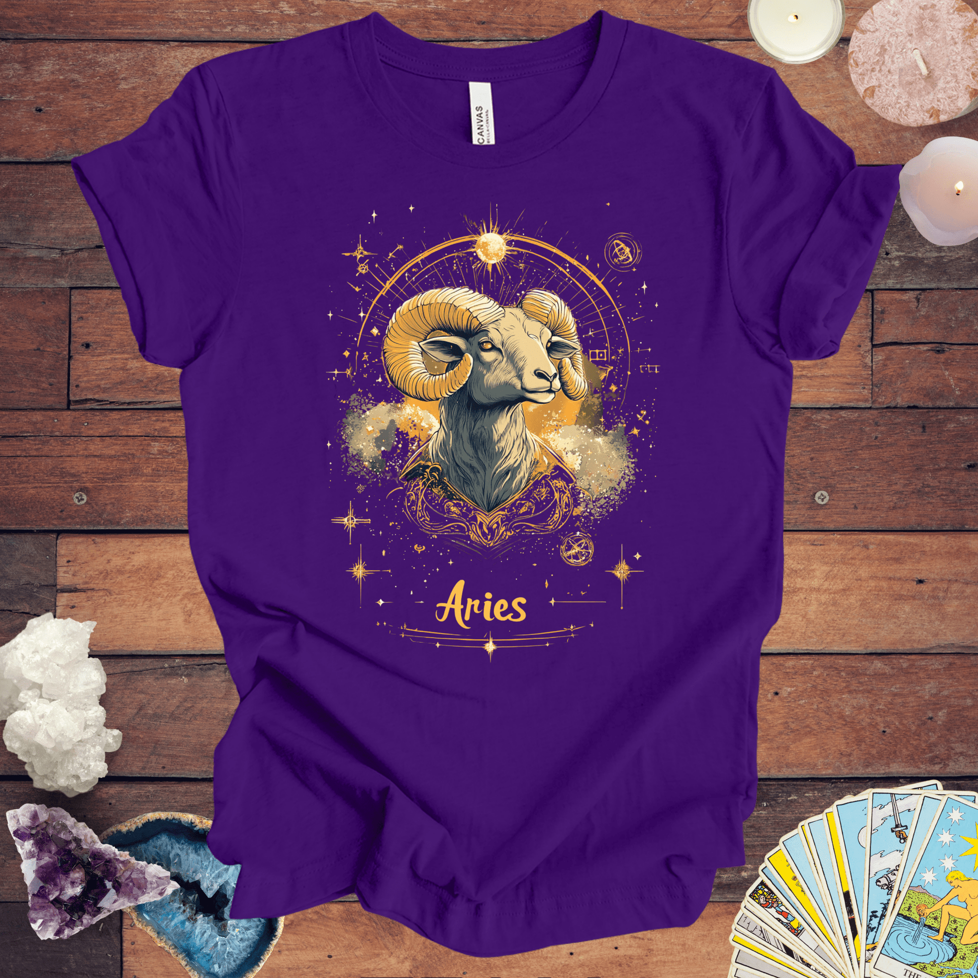 T-Shirt Team Purple / S Aries Golden Constellation Tarot Card T-Shirt