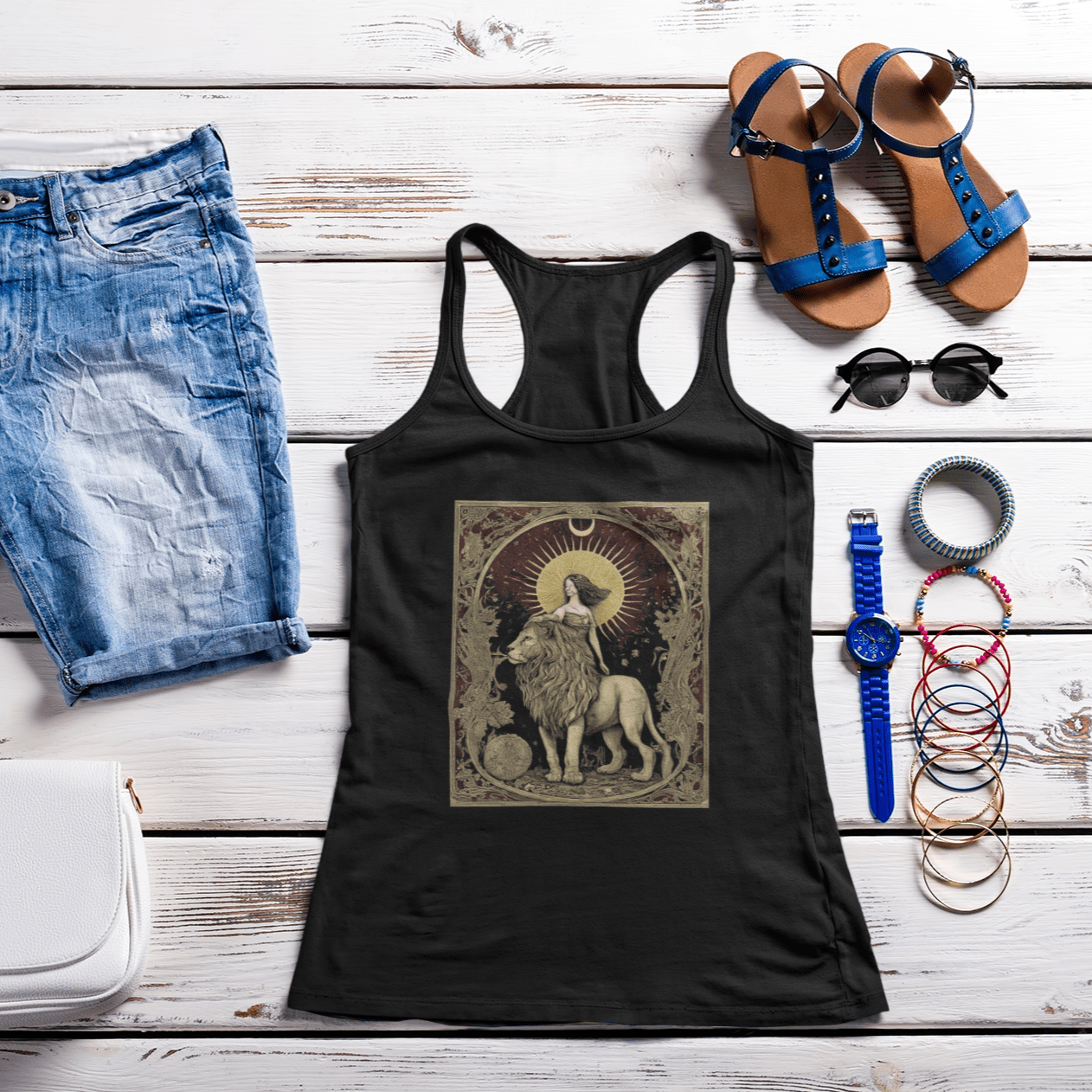 Tank Top The Lion's Strength: Leo Tarot Card Racerback Tank