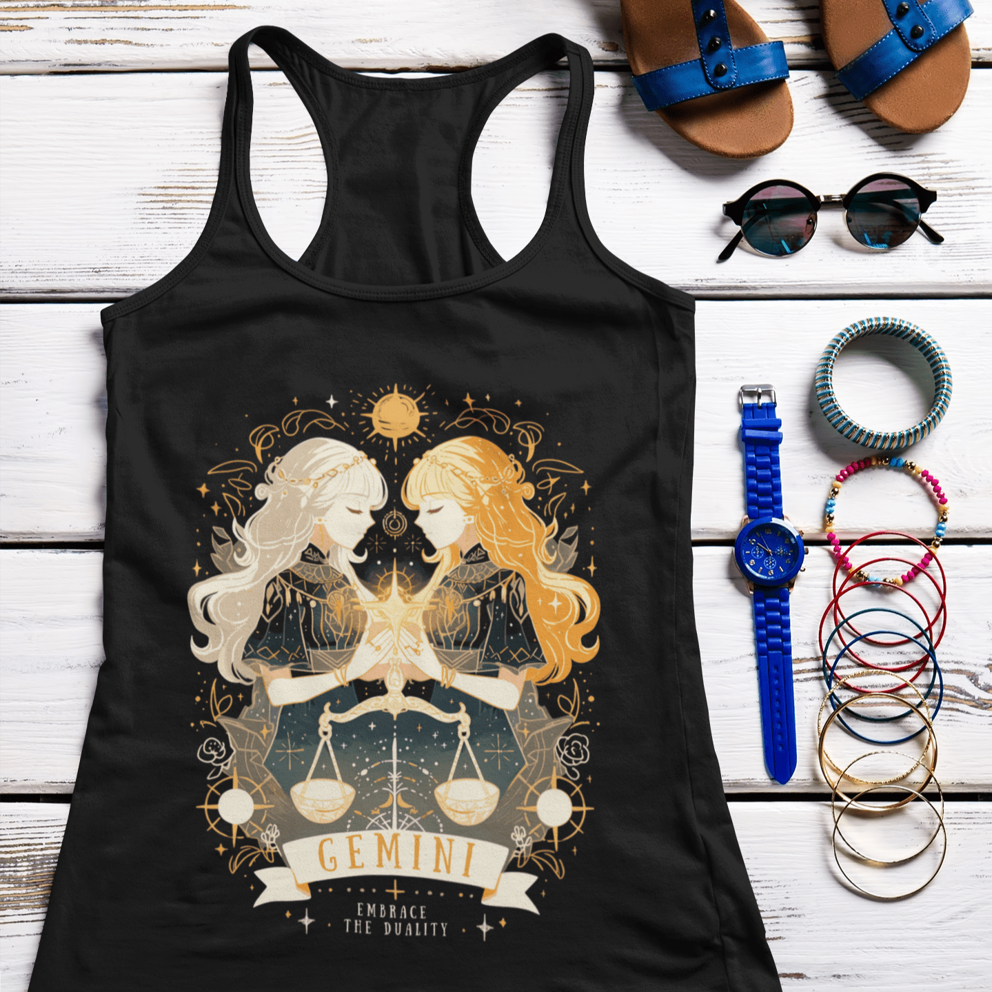 Tank Top XS / Solid Black Celestial Gemini Racerback Tank