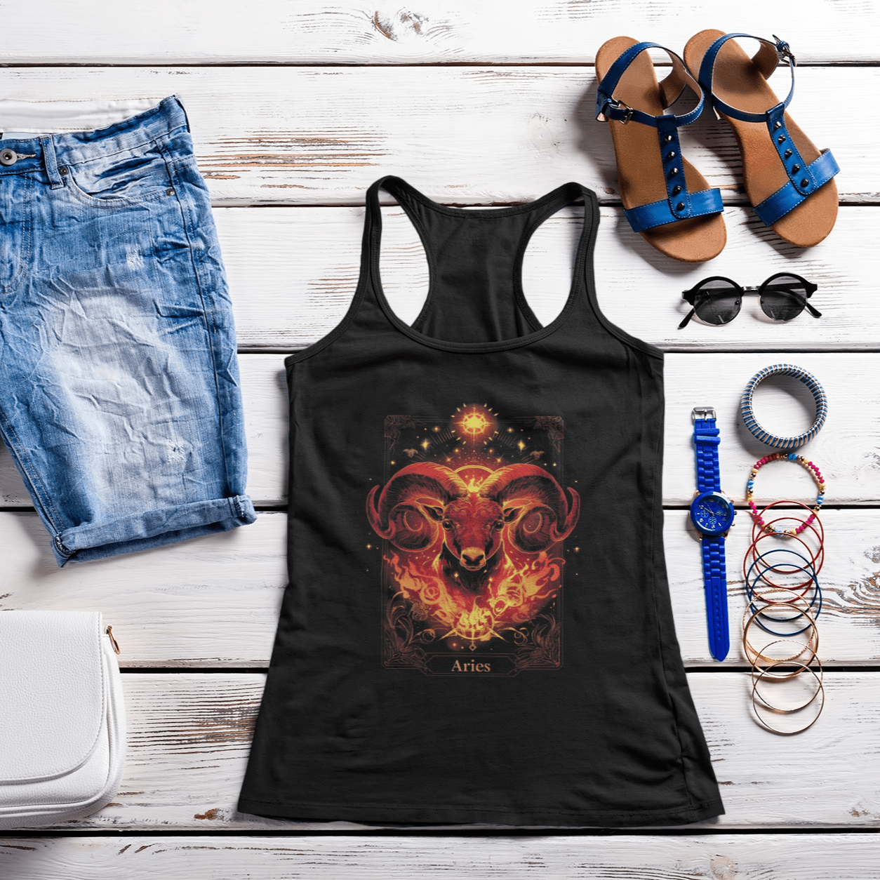 Tank Top XS / Solid Black The Fiery Ram: Aries Tarot Card Racerback Tank